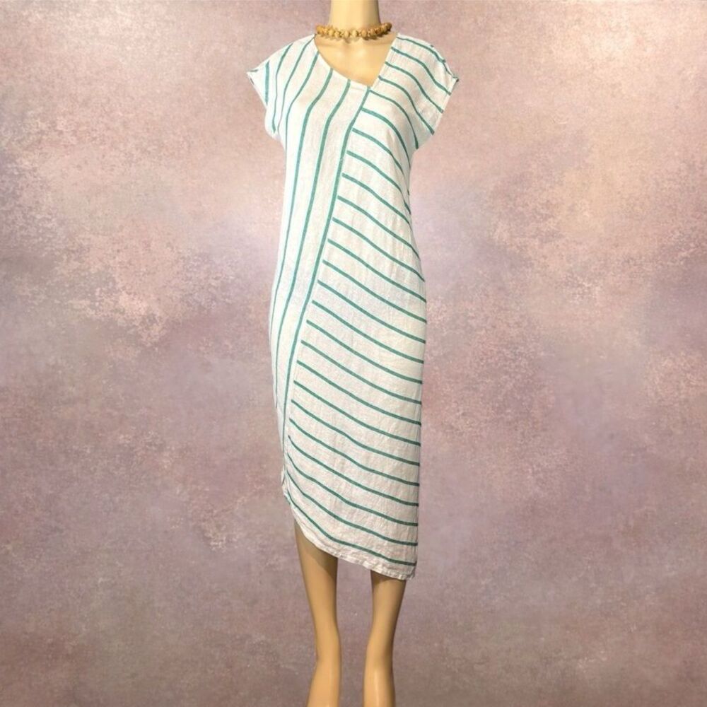 Tahari Linen Blend Striped Midi Dress XS | Asymmetric Stripe | Resort Coastal